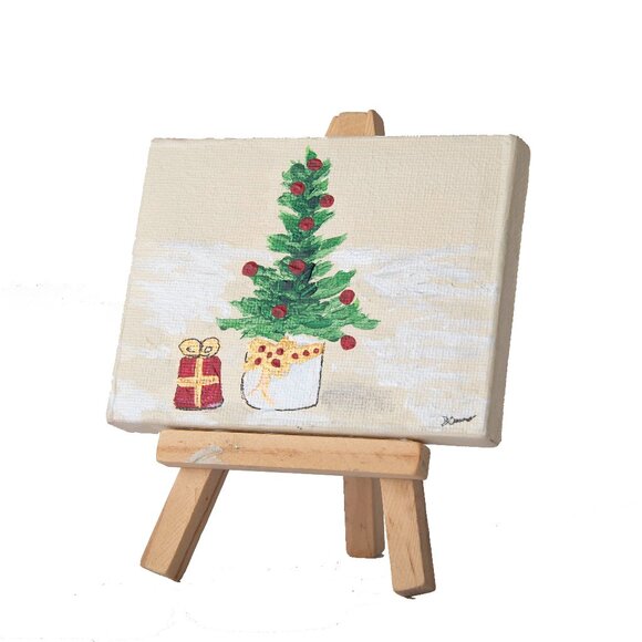 "Holiday Tree Gift I" Original Table Art Painting w/Easel by Dawn M. Wayand - Picture 1 of 3